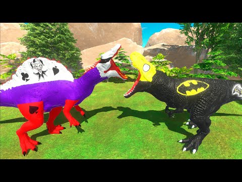 ⚡ JOKER Spinosaurus vs BATMAN T-Rex MOUNTAIN DEATH RUN - 🦖 Animal Revolt Battle Simulator 🦕