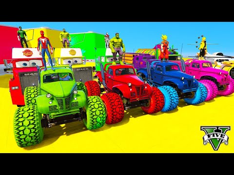 SPIDERMAN Monster Trucks Mega STAIRS Ramp Challenge ! SUPERHERO GOKU JEEP Cars BLAST - GTA V Mods