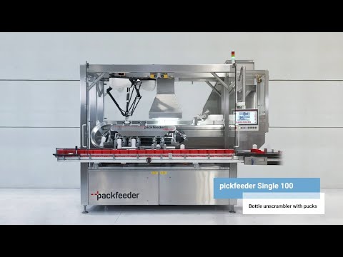 Robotic bottle unscrambler with pucks - pickFeeder SINGLE 100