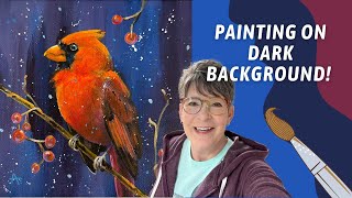 FUN EASY Cardinal Painting! Acrylic Painting on DARK BACKGROUND! By: Annie Troe