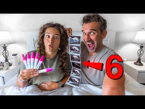 Couple in bed showing a strip of ultrasound images and six pink highlighter pens, with a large red 6 overlay in the scene.