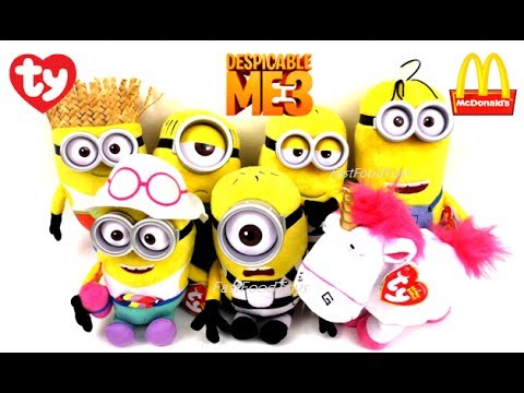 2017 McDONALD'S DESPICABLE ME 3 MOVIE MINIONS HAPPY MEAL TOYS VS TY BEANIE BABIES PLUSH FULL SET 7 Video