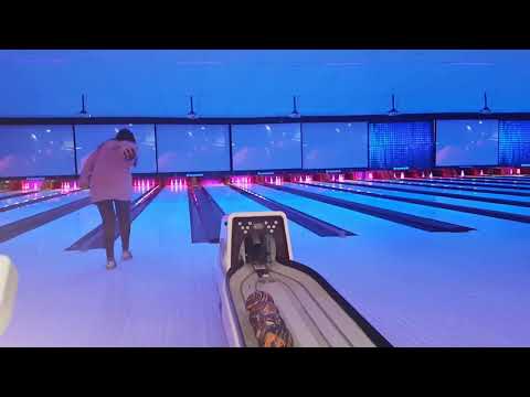 Canadian 5 pin Glow bowling. Strike and a Spare!!