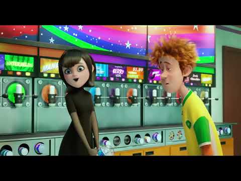 Hotel Transylvania 2 official trailer still showing Drac, Mavis, and Dennis as soundtrack teaser