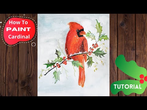 How To Paint Cardinal Bird With Watercolors | Red Berries Tree In The Winter Painting Tutorial