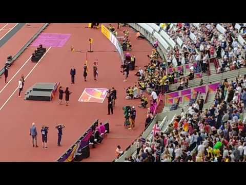 Jessica Ennis Hill receives her gold medal from Daegu 2011 at London Stadium