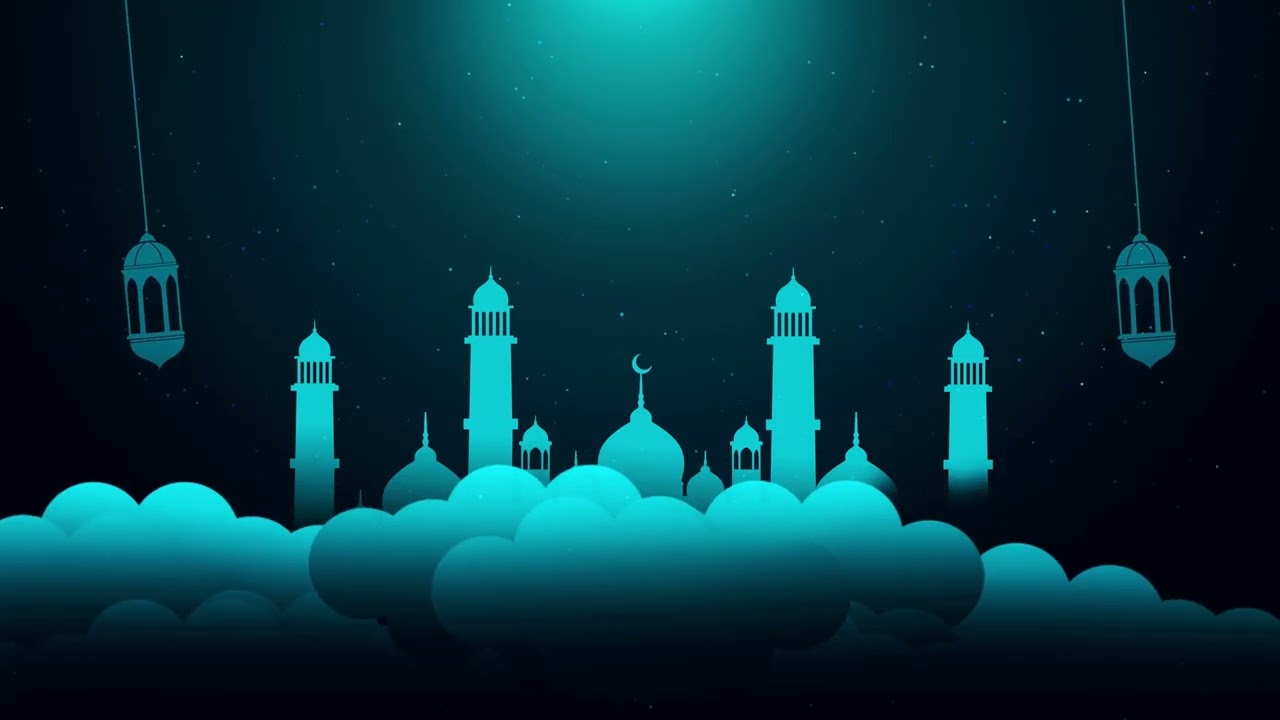 #Animated #Hanging golden #lantern and star a black blue #Islamic background.