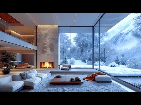 Relaxing Winter Jazz - Smooth Jazz at Cozy Living Room Ambience with Snowfall and Fireplace