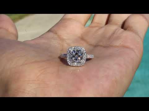 1.50 Carat Cushion Lab Grown Diamond & Double Edge Halo Three Row Pave Ring