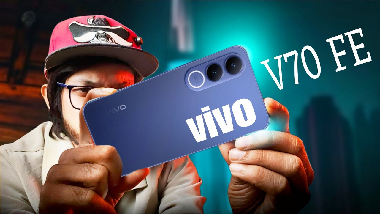 Vivo V70 FE front and back design showing AMOLED display and dual camera setup in Muse Purple color