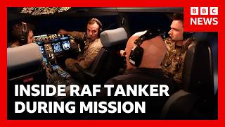 Inside RAF refuelling tanker during mission against Iranian drones | BBC News