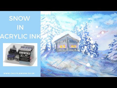 Winter  snow scene painting using Daler Rowney FW Pearlescent Acrylic Ink