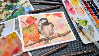 Whimsy Wednesday! Pen & Ink Grisaille Chickadee with Watercolor