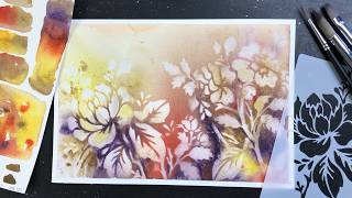 WATERCOLOR Reverse Stenciling 🫟 Easy Floral Painting - 441
