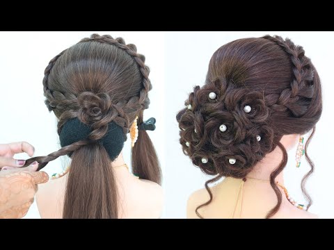 fashionable rose bun hairstyle for gown dress
