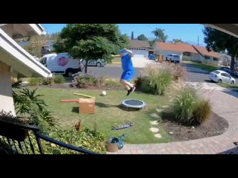 Delivery man jumps on trampoline and falls in a box 😂😂😂