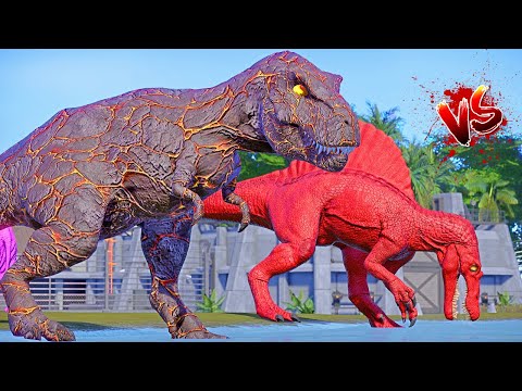Lava Indominus Rex and T-Rex, Red Spinosaurus vs Red Giganotosaurus vs Blue Godzilla Dinosaur Battle