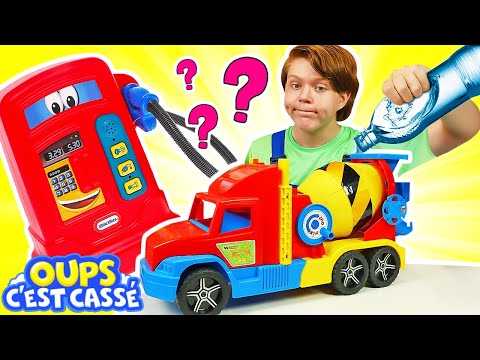 La cuve de la bétonnière ne tourne plus. Oups, c'est cassé! Jeux avec voitures pour enfants.