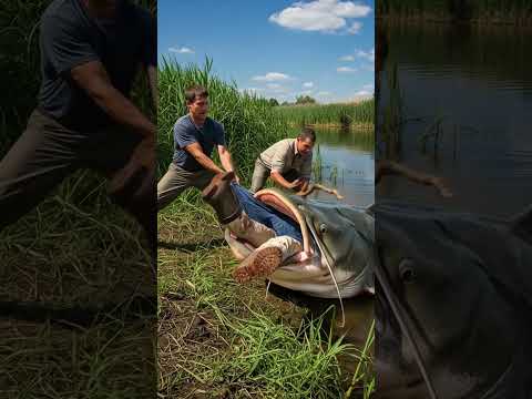 Fishermen are shocked by their catch. A giant catfish swallowed a dummy