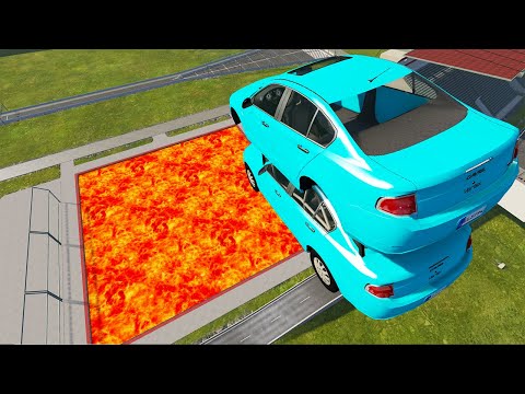Cars vs Lava Pools Monster Truck, School Bus, Tractor #9 – BeamNG.Drive
