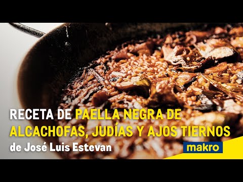 Receta de paella negra de alcachofas, judías y ajos tiernos de José Luis Estevan