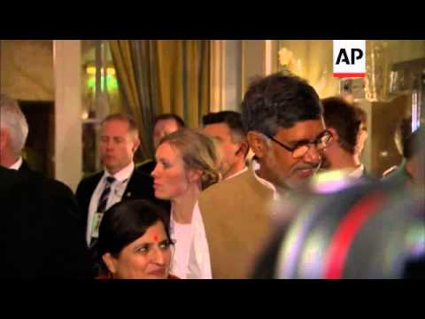 Peace Prize winners Malala and Satyarthi arrive for banquet