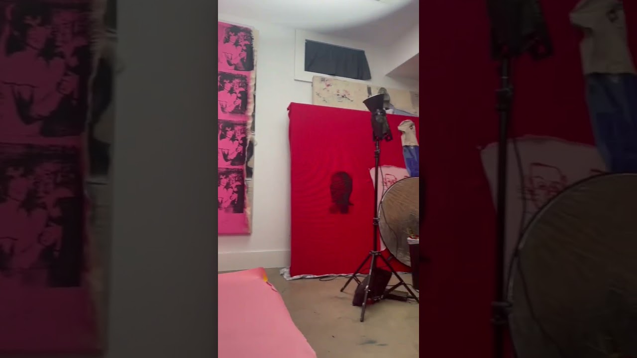 Studio interview setup with the pink backdrop. Interviewing deadcowboy art