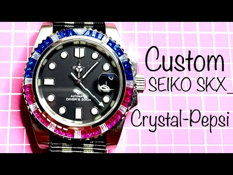 CUSTOM SEIKO SKX_CRYSTAL PEPSI! Nh35A movement modification hacking/hand-winding