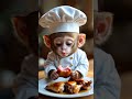 The little monkey chef ate the chicken leg very well, his expression was very happy ❤️❤️❤️