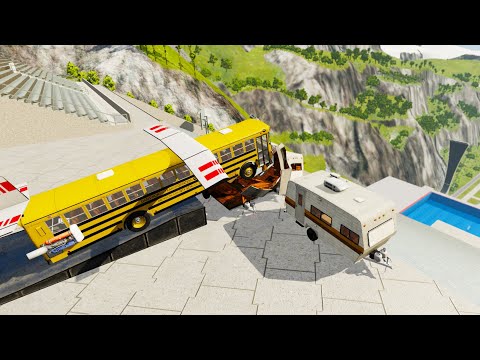 Heavy Vehicle Stairs Jumps Down Through Travel (Camper) Trailer - BeamNG.drive Down Stairs Jumps