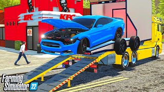 CAR ACCIDENT WHEN SLEEPING IN TRAILER (TOTALED MUSTANG) | CAN WE MAKE MILLIONS? FARMING SIMULATOR 22