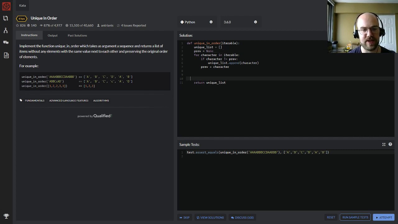 Unique In Order - Worked Solution - Codewars Kata