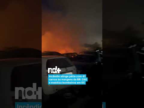 Incêndio atinge pátio com 41 carros às margens da BR-280 e mobiliza bombeiros em SC