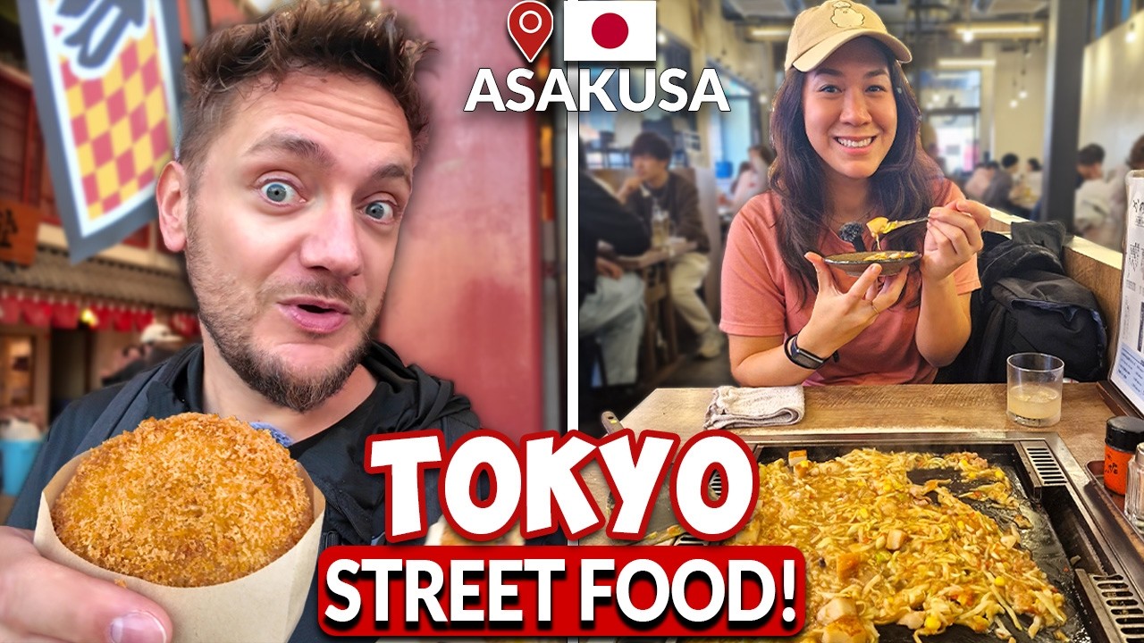 Tourists venture into Tokyo's bustling Nakamise Dori, delving into delightful street food exploration.