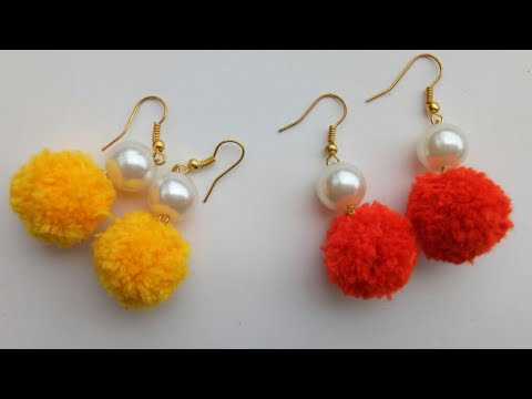 DIY/Pom pom earrings/Pom pom dangle earrings/making pompom with pearl earring/Earrings/pom poms Video