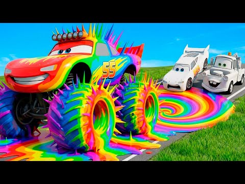 🌈Rainbow Pit Transform In Big & Small: Lightning Mcqueen  & Mater vs  Pixar Cars! Beam.NG Drive!