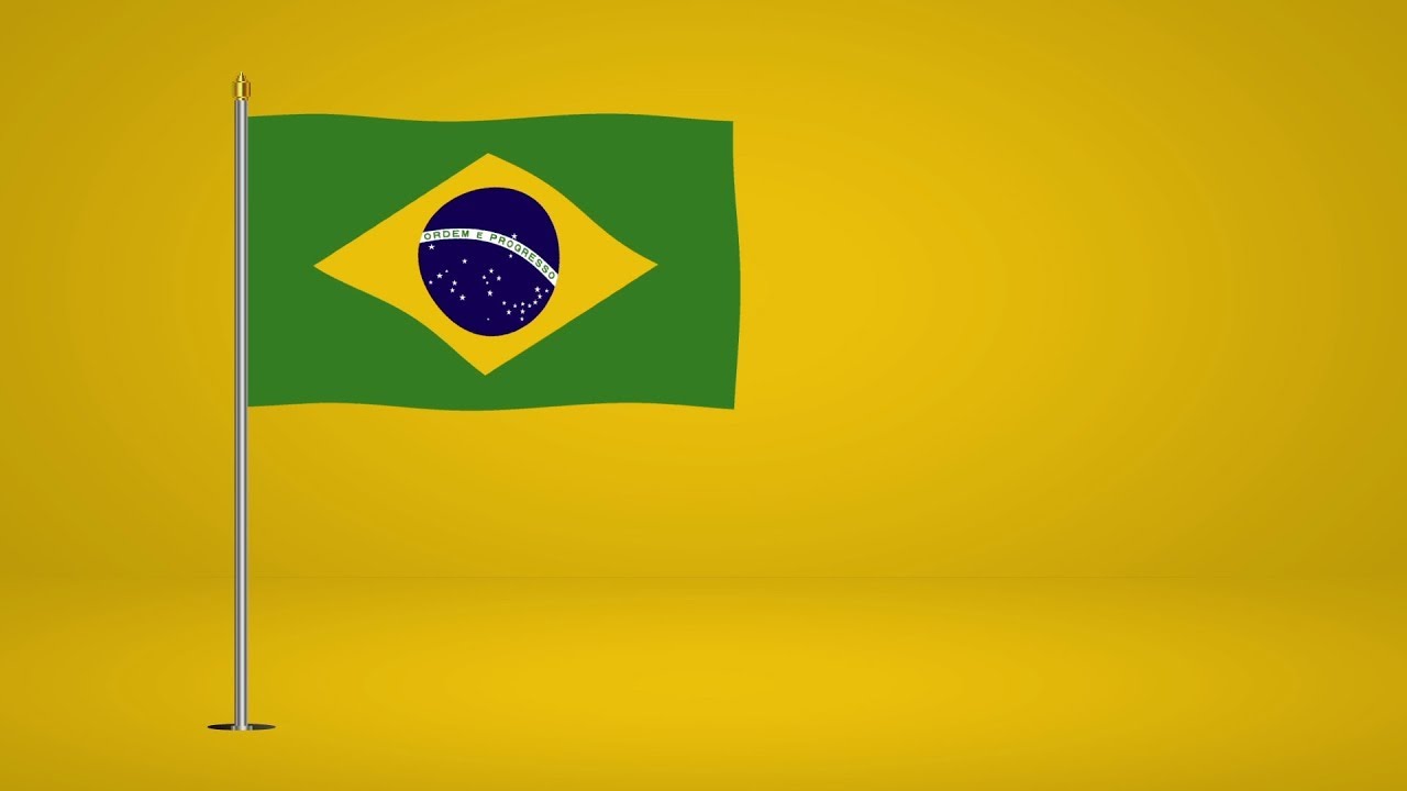 Loop Animation of waving flag of Brazil with a pole and Yellow background