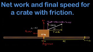 Calculating net work and final speed, with applied force at an angle and friction.