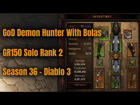 Season 36 Bolas GoD Demon Hunter GR150 Solo Rank 2 - Diablo 3