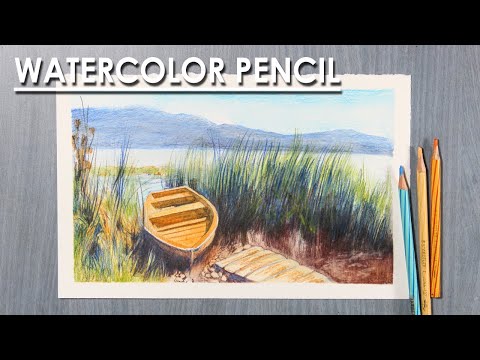 Boat in the Bushes by the Lake Watercolor Pencil Landscape Drawing | steps to follow