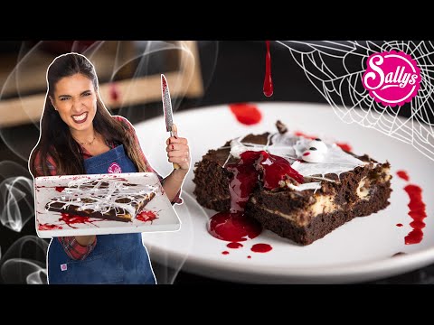 schaurig-leckere Halloween Brownies 👻🩸 / Cheesecake Füllung / essbares Blut und Spinnweben