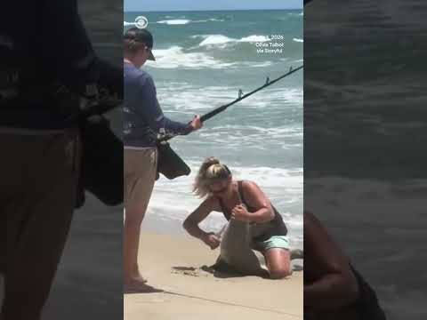Watch: Woman rushes to remove hook from shark’s mouth #shorts