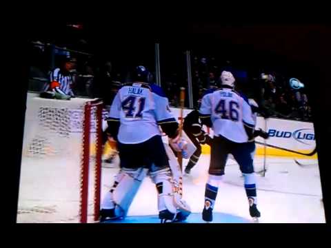 Jake Dowell hit on Huskins [Blues @ Stars] 10/13/11
