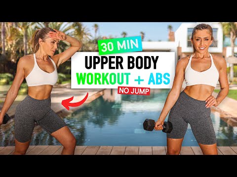 30 MIN - HAUT DU CORPS RENFO MAISON + ABDOS / Haltères + chaise / NO JUMP #ChallengeBodystrong