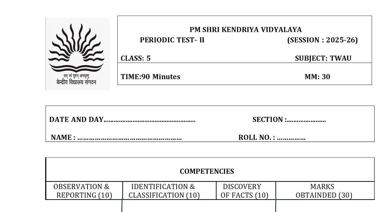 Class-5 TWAU (EVS)/ PT-2 Exam Question Paper Session 2025-26/ PM SHRI KENDRIYA VIDYALAYA 