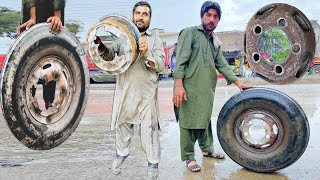 How would a mechanic repair an old broke tyre alloy rim|truck tyre rim repair #broken  #pakistan