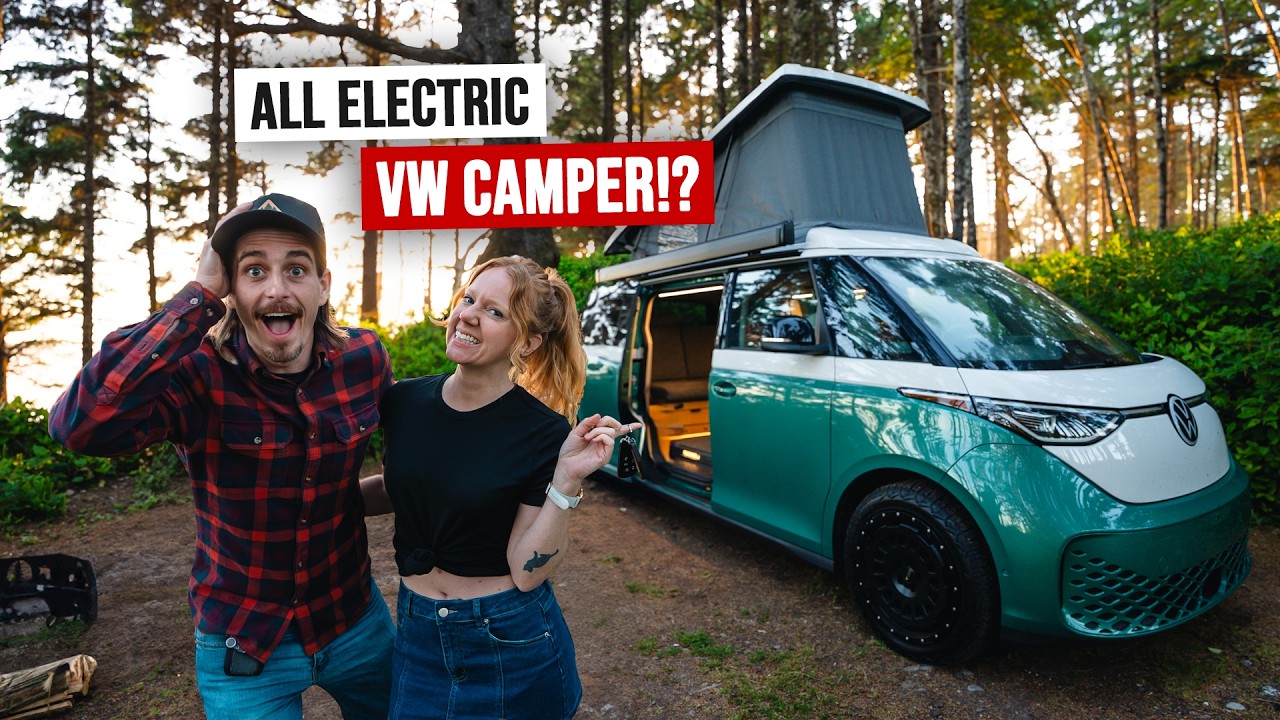 Volkswagen ID. Buzz camper van conversion parked at a coastal campsite