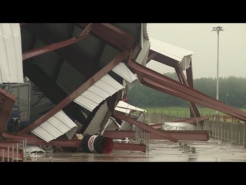 A strong storm system damaged the grandstands and buildings at a Missouri speedway and caused the postponement of an upcoming event. (May 21)