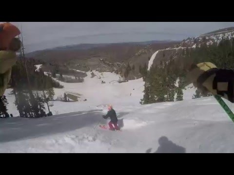 Skiing bumps behind Juliette on Champion at Deer Valley, the 2002 Olympic mogul run.