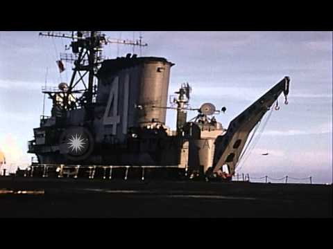 F2H-3B aircraft catapults from USS Midway CVB-41's deck. HD Stock Footage